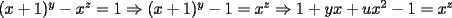 TEX: $(x+1)^y-x^z=1\Rightarrow(x+1)^y-1=x^z\Rightarrow1+yx+ux^2-1=x^z$