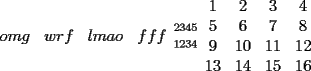 TEX: \[<br />\begin{array}{*{20}c}<br />   {omg} & {wrf} & {lmao} & {fff}  \\<br /><br /> \end{array} _{1234}^{2345} \begin{array}{*{20}c}<br />   1 & 2 & 3 & 4  \\<br />   5 & 6 & 7 & 8  \\<br />   9 & {10} & {11} & {12}  \\<br />   {13} & {14} & {15} & {16}  \\<br /><br /> \end{array} <br />\]<br />