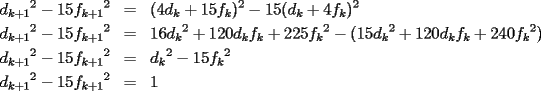 TEX: \begin{eqnarray*}<br />{d_{k+1}}^2-15{f_{k+1}}^2 & = & (4d_k+15f_k)^2-15(d_k+4f_k)^2 \\<br />{d_{k+1}}^2-15{f_{k+1}}^2 & = & 16{d_k}^2+120d_kf_k+225{f_k}^2-(15{d_k}^2+120d_kf_k+240{f_k}^2) \\<br />{d_{k+1}}^2-15{f_{k+1}}^2 & = & {d_k}^2-15{f_k}^2 \\<br />{d_{k+1}}^2-15{f_{k+1}}^2 & = & 1<br />\end{eqnarray*}