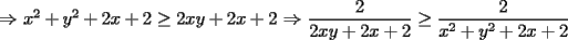 TEX:  $\Rightarrow$ $x^2+y^2+2x+2\ge 2xy+2x+2$ $\Rightarrow$ $\dfrac{2}{2xy+2x+2}\ge \dfrac{2}{x^2+y^2+2x+2}$