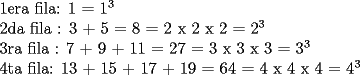 TEX: <br />1era fila: 1 = $1^3$<br /><br />2da fila : 3 + 5 = 8 = 2 x 2 x 2 = $2^3$<br /><br />3ra fila : 7 + 9 + 11 = 27 = 3 x 3 x 3 = $3^3$<br /><br />4ta fila: 13 + 15 + 17 + 19 = 64 = 4 x 4 x 4 = $4^3$<br />