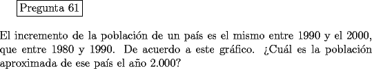 TEX: <br />\fbox{Pregunta 61}\\<br />\newline<br />El incremento de la poblaci\'on de un pa\'is es el mismo entre 1990 y el 2000, que entre 1980 y 1990. De acuerdo a este gr\'afico. >Cu\'al es la poblaci\'on aproximada de ese pa\'is el a\~no 2.000?<br />