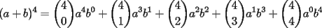 TEX: $\displaystyle (a+b)^4=\binom{4}{0}a^4b^0+\binom{4}{1}a^3b^1+\binom{4}{2}a^2b^2+\binom{4}{3}a^1b^3+\binom{4}{4}a^0b^4$