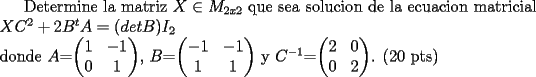 TEX:  <br /><br /> Determine la matriz $X \in M_{2x2}$ que sea solucion de la ecuacion matricial\\<br />$XC^2 + 2B^tA = (detB)I_2$ \\<br />donde <br />$A$=$\begin{pmatrix} 1&-1\\ 0&1\end{pmatrix}$, $B$=$\begin{pmatrix} -1&-1\\1&1\end{pmatrix}$ y $C^{-1}$=$\begin{pmatrix} 2&0\\ 0&2\end{pmatrix}$. (20 pts)<br /><br /><br /><br />