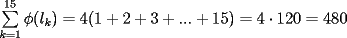 TEX: $\sum\limits_{k=1}^{15} \phi(l_k)=4(1+2+3+...+15)=4\cdot 120=480$