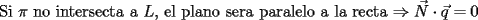 TEX: Si $\pi$ no intersecta a $L$, el plano sera paralelo a la recta $\Rightarrow \vec N \cdot \vec q = 0$