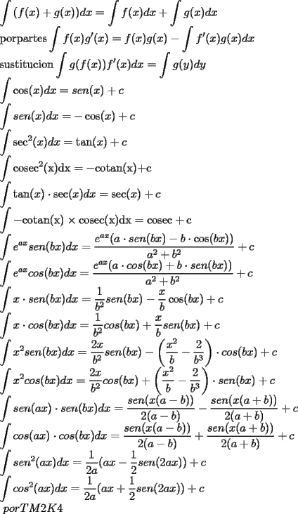 TEX: <br /><br />\[<br />\begin{array}{l}<br />\displaystyle \int {(f(x) + g(x))dx = \int {f(x)dx + \int {g(x)dx} } } \\ <br /><br />{ \rm{por partes }}\displaystyle\int {f(x)g'(x) = f(x)g(x) - \int {f'(x)g(x)dx} } \\ <br /><br />{\rm{sustitucion }}\displaystyle\int {g(f(x))f'(x)dx = \int {g(y)dy} } {\rm{ }} \\ <br />\displaystyle \int {\cos (x)dx = sen(x) + c} \\ <br />\displaystyle \int {sen(x)dx = - \cos (x) + c} \\ <br />\displaystyle \int {\sec ^2 (x)dx = \tan (x) + c} \\ <br />\displaystyle \int {{\rm{cosec}}^{\rm{2}} {\rm{(x)dx = - cotan(x)}}} {\rm{ + c}} \\ <br /><br /><br />\displaystyle \int {\tan (x) \cdot \sec (x)dx = \sec (x) + c} \\ <br />\displaystyle \int {{\rm{ - cotan(x) \times cosec(x)dx = cosec + c}}} \\ <br />\displaystyle \int {e^{ax} sen(bx)dx = \dfrac{{e^{ax} (a \cdot sen(bx) - b \cdot \cos (bx))}}{{a^2 + b^2 }}} + c \\ <br />\displaystyle \int {e^{ax} cos(bx)dx = \dfrac{{e^{ax} (a \cdot cos(bx) + b \cdot sen(bx))}}{{a^2 + b^2 }}} + c \\ <br />\displaystyle \int {x \cdot sen(bx)dx = \dfrac{1}{{b^2 }}} sen(bx) - \dfrac{x}{b}\cos (bx) + c \\ <br />\displaystyle \int {x \cdot cos(bx)dx = \dfrac{1}{{b^2 }}} cos(bx) + \dfrac{x}{b}sen(bx) + c \\ <br />\displaystyle \int {x^2 sen(bx)dx = \dfrac{{2x}}{{b^2 }}sen(bx) - \left( {\dfrac{{x^2 }}{b} - \dfrac{2}{{b^3 }}} \right)} \cdot cos(bx) + c \\ <br />\displaystyle \int {x^2 cos(bx)dx = \dfrac{{2x}}{{b^2 }}cos(bx) + \left( {\dfrac{{x^2 }}{b} - \dfrac{2}{{b^3 }}} \right)} \cdot sen(bx) + c \\<br /> <br />\displaystyle \int {sen(ax) \cdot sen(bx)dx = \dfrac{{sen(x(a - b))}}{{2(a - b)}}} - \dfrac{{sen(x(a + b))}}{{2(a + b)}} + c \\ <br />\displaystyle \int {cos(ax) \cdot cos(bx)dx = \dfrac{{sen(x(a - b))}}{{2(a - b)}}} + \dfrac{{sen(x(a + b))}}{{2(a + b)}} + c \\ <br /><br />\displaystyle\int {sen^2 (ax)dx = \frac{1}{{2a}}(ax - \frac{1}{2}sen(2ax))} + c\\<br />\displaystyle\int {cos^2 (ax)dx = \frac{1}{{2a}}(ax + \frac{1}{2}sen(2ax))} + c \\<br /><br /><br /><br /><br />\end{array}<br />\]