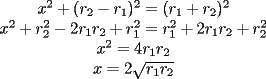 TEX: \begin{center} $x^2+(r_2-r_1)^2 = (r_1+r_2)^2$ \\ $x^2 + r_2^2 - 2r_1r_2 + r_1^2 = r_1^2 + 2r_1r_2 + r_2^2$ \\ $x^2 = 4r_1r_2$ \\ $x = 2 \sqrt{r_1r_2}$ \end{center}