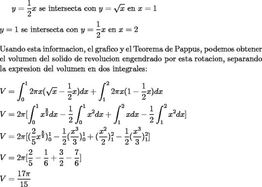 TEX: <br /><br />$\displaystyle y= \frac{1}{2} x$ se intersecta con $\displaystyle y = \sqrt{x}$ en $\displaystyle x=1$ \\ \\<br />$\displaystyle y=1$ se intersecta con $\displaystyle y= \frac{1}{2} x$ en $\displaystyle x=2$ \\ \\<br />Usando esta informacion, el grafico y el Teorema de Pappus, podemos obtener el volumen del solido de revolucion engendrado por esta rotacion, separando la expresion del volumen en dos integrales: \\ \\<br />$\displaystyle V= \int_{0}^{1} 2 \pi x ( \sqrt{x} - \frac{1}{2} x) dx + \int_{1}^{2} 2 \pi x (1 - \frac{1}{2} x) dx $ \\ \\<br />$\displaystyle V= 2 \pi [ \int_{0}^{1} x^{ \frac{3}{2} } dx - \frac{1}{2} \int_{0}^{1} x^2 dx + \int_{1}^{2} x dx - \frac{1}{2} \int_{1}^{2} x^2 dx ] $ \\ \\<br />$\displaystyle V= 2 \pi [ ( \frac{2}{5} x^{ \frac{5}{2}})_{0}^{1} - \frac{1}{2} (\frac{x^3}{3})_{0}^{1} + ( \frac{x^2}{2})_{1}^{2} - \frac{1}{2} ( \frac{x^3}{3})_{1}^{2} ]$ \\ \\<br />$\displaystyle V= 2 \pi [ \frac{2}{5} - \frac{1}{6} + \frac{3}{2} - \frac{7}{6} ] $ \\ \\<br />$\displaystyle V= \frac{17 \pi}{15}$<br /><br /><br />