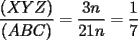 TEX: $\dfrac{(XYZ)}{(ABC)} = \dfrac{3n}{21n} = \dfrac{1}{7}$