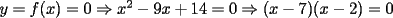 TEX: $y=f(x)=0 \Rightarrow x^2-9x+14=0 \Rightarrow (x-7)(x-2)=0$