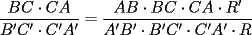 TEX: $$\frac{BC\cdot CA}{B'C'\cdot C'A'}=\frac{AB\cdot BC\cdot CA\cdot R'}{A'B'\cdot B'C'\cdot C'A'\cdot R}$$