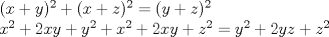 TEX: $(x+y)^2+(x+z)^2=(y+z)^2$<br /><br />$x^2+2xy+y^2+x^2+2xy+z^2=y^2+2yz+z^2$