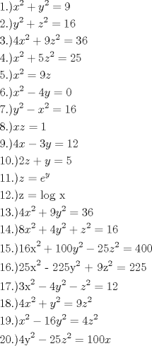 TEX: <br />\[<br />\begin{gathered}<br />  1.)x^2  + y^2  = 9{\text{                                           }} \hfill \\<br />  2.)y^2  + z^2  = 16{\text{                                        }} \hfill \\<br />  3.)4x^2  + 9z^2  = 36{\text{                                   }} \hfill \\<br />  4.)x^2  + 5z^2  = 25{\text{                                       }} \hfill \\<br />  5.)x^2  = 9z{\text{                                               }} \hfill \\<br />  6.)x^2  - 4y = 0{\text{                                          }} \hfill \\<br />  7.)y^2  - x^2  = 16{\text{                                       }} \hfill \\<br />  8.)xz = 1{\text{                                                 }} \hfill \\<br />  9.)4x - 3y = 12{\text{                                      }} \hfill \\<br />  10.)2z + y = 5{\text{                                         }} \hfill \\<br />  11.)z = e^y  \hfill \\<br />  {\text{12}}{\text{.)z = log x}} \hfill \\<br />  {\text{13}}{\text{.)}}4x^2  + 9y^2  = 36 \hfill \\<br />  {\text{14}}{\text{.)}}8x^2  + 4y^2  + z^2  = 16 \hfill \\<br />  {\text{15}}{\text{.)16x}}^{\text{2}}  + 100y^2  - 25z^2  = 400 \hfill \\<br />  {\text{16}}{\text{.)25x}}^{\text{2}} {\text{ - 225y}}^{\text{2}} {\text{ + 9z}}^{\text{2}} {\text{ = 225  }} \hfill \\<br />  {\text{17}}{\text{.)3x}}^{\text{2}}  - 4y^2  - z^2  = 12 \hfill \\<br />  {\text{18}}{\text{.)}}4x^2  + y^2  = 9z^2  \hfill \\<br />  {\text{19}}{\text{.)}}x^2  - 16y^2  = 4z^2  \hfill \\<br />  {\text{20}}{\text{.)4y}}^{\text{2}}  - 25z^2  = 100x \hfill \\ <br />\end{gathered} <br />\]<br />