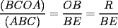 TEX: \frac{(BCOA)}{(ABC)}=\frac{OB}{BE}=\frac{R}{BE}