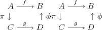 TEX: $$\begin{matrix}A\xrightarrow{\;\;\;f\;\;\;}B\\\pi\downarrow{\;\;\;\;\;}\;\;\;\;\;\uparrow{} \phi\\C\xrightarrow{\;\;\;g\;\;\;}D\end{matrix} 	\begin{matrix}A\xrightarrow{\;\;\;f\;\;\;}B\\\pi\downarrow{\;\;\;\;\;}\;\;\;\;\;\uparrow{} \phi\\C\xrightarrow{\;\;\;g\;\;\;}D\end{matrix}$$