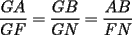 TEX: $\displaystyle{\frac{GA}{GF}=\frac{GB}{GN}=\frac{AB}{FN}}$