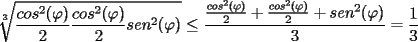 TEX: $\displaystyle \sqrt[3]{\frac{cos^2(\varphi)}{2}\frac{cos^2(\varphi)}{2}sen^2(\varphi)}\le \frac{\frac{cos^2(\varphi)}{2}+\frac{cos^2(\varphi)}{2}+sen^2(\varphi)}{3}=\frac{1}{3}$