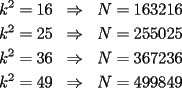 TEX: \begin{eqnarray*}<br />k^2=16 & \Rightarrow & N=163216 \\<br />k^2=25 & \Rightarrow & N=255025 \\<br />k^2=36 & \Rightarrow & N=367236 \\<br />k^2=49 & \Rightarrow & N=499849<br />\end{eqnarray*}