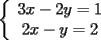 TEX: \noindent<br />$\left\{<br />\begin{array}<br />{c}%<br />3x-2y=1\\<br />2x-y=2 %<br />\end{array}<br />\right. $