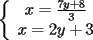 TEX: \noindent<br />$\left\{<br />\begin{array}<br />{c}%<br />x=\frac{7y+8}{3}\\<br />x=2y+3<br />%<br />\end{array}<br />\right. $