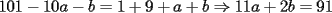 TEX: $101-10a-b=1+9+a+b\Rightarrow 11a+2b=91$