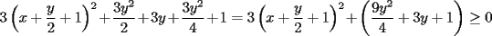 TEX: \noindent $\displaystyle 3 \left( x + \frac{y}{2} + 1 \right)^2 + \frac{3y^2}{2} + 3y + \frac{3y^2}{4} + 1 = 3 \left( x + \frac{y}{2} + 1 \right)^2 + \left( \frac{9y^2}{4} + 3y  + 1 \right) \ge 0$