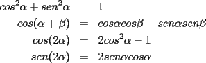 TEX: \begin{eqnarray*}<br />cos^2\alpha+sen^2\alpha & = & 1 \\<br />cos(\alpha+\beta) & = & cos\alpha cos\beta-sen\alpha sen\beta \\<br />cos(2\alpha) & = & 2cos^2\alpha-1 \\<br />sen(2\alpha) & = & 2sen\alpha cos\alpha<br />\end{eqnarray*}