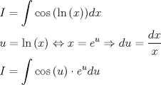 TEX: \[<br />\begin{gathered}<br />  I = \int {\cos \left( {\ln \left( x \right)} \right)} dx \hfill \\<br />  u = \ln \left( x \right) \Leftrightarrow x = e^u  \Rightarrow du = \frac{{dx}}<br />{x} \hfill \\<br />  I = \int {\cos \left( u \right)}  \cdot e^u du \hfill \\ <br />\end{gathered} <br />\]<br />