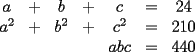 TEX:        $\begin{array}{ccccccc}<br />a & + & b & + & c & = & 24 \\<br />a^2 & + & b^2 & + & c^2 & = & 210 \\<br /> &  &  &  & abc & = & 440<br />\end{array}$