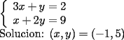 TEX: \noindent<br />$\left\{<br />\begin{array}<br />{c}%<br />3x+y=2\\<br />x+2y=9<br />%<br />\end{array}<br />\right.$\\<br />Solucion: $(x, y)=(-1, 5)$