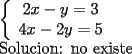 TEX: \noindent<br />$\left\{<br />\begin{array}<br />{c}%<br />2x-y=3\\<br />4x-2y=5<br />%<br />\end{array}<br />\right.$\\<br />Solucion: no existe