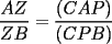 TEX: $\displaystyle\frac{AZ}{ZB}=\frac{(CAP)}{(CPB)}$