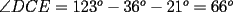 TEX: $\angle{DCE}=123^o-36^o-21^o=66^o$