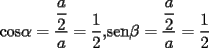 TEX: <br />\bigskip<br />	<br />cos$\alpha =\dfrac{\dfrac{a}{2}}{a}=\dfrac{1}{2},  $sen$\beta =\dfrac{\dfrac{a}{2}}{a}=\dfrac{1}{2}$