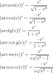 TEX: \[<br />\begin{gathered}<br />  (arcsen(v))' = \frac{{v'}}<br />{{\sqrt {1 - v^2 } }} \hfill \\<br />  (\arccos (v))' = \frac{{ - v'}}<br />{{\sqrt {1 - v^2 } }} \hfill \\<br />  (arctg(v))' = \frac{{v'}}<br />{{1 + v^2 }} \hfill \\<br />  (arc\cot g(v))' = \frac{{ - v'}}<br />{{1 + v^2 }} \hfill \\<br />  (arc\sec (v))' = \frac{{v'}}<br />{{v\sqrt {v^2  - 1} }} \hfill \\<br />  (\arccos ec(v))' = \frac{{ - v'}}<br />{{v\sqrt {v^2  - 1} }} \hfill \\ <br />\end{gathered} <br />\]