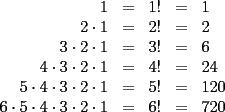 TEX: $\begin{array}{rcccl}<br />1 & = & 1! & = & 1 \\<br />2\cdot 1 & = & 2! & = & 2 \\<br />3\cdot 2\cdot 1 & = & 3! & = & 6 \\<br />4\cdot 3\cdot 2\cdot 1 & = & 4! & = & 24 \\<br />5\cdot 4\cdot 3\cdot 2\cdot 1 & = & 5! & = & 120 \\<br />6\cdot 5\cdot 4\cdot 3\cdot 2\cdot 1 & = & 6! & = & 720<br />\end{array}$