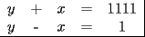 TEX: \begin{tabular}{ccccc|}<br />$y$ & + & $x$ & = & $1111$ \\<br />$y$ & - & $x$ & = & $1$ \\ \hline<br />\end{tabular}