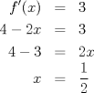 TEX: <br />\begin{eqnarray*}<br />f'(x) &=& 3 \\<br />4-2x &=& 3 \\<br />4-3 &=& 2x \\<br />x &=& \dfrac{1}{2}<br />\end{eqnarray*}<br />