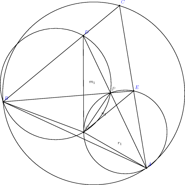 TEX: <br />\begin{pspicture}(-7,-1.68)(9.56,14.56)<br />\pspolygon(6,0)(-6.27,5.65)(3.7,13.86)<br />\pspolygon(-6.27,5.65)(4.91,6.58)(0.63,3.06)<br />\psline(6,0)(-6.27,5.65)<br />\psline(-6.27,5.65)(3.7,13.86)<br />\psline(3.7,13.86)(6,0)<br />\psline(6,0)(0.59,11.3)<br />\psline(-6.27,5.65)(4.91,6.58)<br />\pscircle(4.2,3.08){3.57}<br />\pscircle(-1.77,7.17){4.75}<br />\pscircle(1.49,6.37){7.8}<br />\psline(-6.27,5.65)(4.91,6.58)<br />\psline(4.91,6.58)(0.63,3.06)<br />\psline(0.63,3.06)(-6.27,5.65)<br />\psline(0.63,3.06)(0.59,11.3)<br />\psline(0.63,3.06)(2.92,6.42)<br />\psline(6,0)(0.63,3.06)<br />\psdots(6,0)<br />\rput[bl](6.12,0.18){\blue{$A$}}<br />\psdots(3.7,13.86)<br />\rput[bl](3.82,14.04){\blue{$C$}}<br />\psdots(-6.27,5.65)<br />\rput[bl](-6.16,5.82){\blue{$B$}}<br />\psdots(4.91,6.58)<br />\rput[bl](5.03,6.76){\blue{$E$}}<br />\psdots(0.59,11.3)<br />\rput[bl](0.7,11.46){\blue{$D$}}<br />\psdots(2.92,6.42)<br />\rput[bl](3.03,6.61){\darkgray{$P$}}<br />\psdots(0.63,3.06)<br />\rput[bl](0.76,3.25){\darkgray{$Q$}}<br />\rput[bl](1.09,7.19){$m_1$}<br />\rput[bl](2.15,4.49){$n_1$}<br />\rput[bl](3.55,1.97){$r_1$}<br />\end{pspicture}