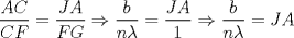 TEX: $\dfrac{AC}{CF}=\dfrac{JA}{FG}\Rightarrow \dfrac{b}{n\lambda}=\dfrac{JA}{1}\Rightarrow \dfrac{b}{n\lambda}=JA$