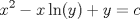 TEX: % MathType!Translator!2!1!AMS LaTeX.tdl!TeX -- AMS-LaTeX!<br />% MathType!MTEF!2!1!+-<br />% feaagaart1ev2aaatCvAUfeBSjuyZL2yd9gzLbvyNv2CaerbuLwBLn<br />% hiov2DGi1BTfMBaeXatLxBI9gBaerbd9wDYLwzYbItLDharqqtubsr<br />% 4rNCHbGeaGqiVu0Je9sqqrpepC0xbbL8F4rqqrFfpeea0xe9Lq-Jc9<br />% vqaqpepm0xbba9pwe9Q8fs0-yqaqpepae9pg0FirpepeKkFr0xfr-x<br />% fr-xb9adbaqaaeGaciGaaiaabeqaamaabaabaaGcbaGaamiEamaaCa<br />% aaleqabaGaaGOmaaaakiabgkHiTiaadIhaciGGSbGaaiOBaiaacIca<br />% caWG5bGaaiykaiabgUcaRiaadMhacqGH9aqpcaWGJbaaaa!41D0!<br />\[<br />x^2  - x\ln (y) + y = c<br />\]<br />% MathType!End!2!1!<br />