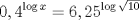 TEX: \[<br />0,4^{\log x}  = 6,25^{\log \sqrt {10} } <br />\]<br />