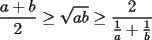 TEX: $\displaystyle \frac{a+b}{2}\ge\sqrt{ab}\ge\frac{2}{\frac{1}{a}+\frac{1}{b}}$