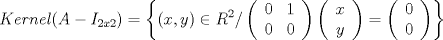 TEX: \[<br />Kernel(A - I_{2x2} ) = \left\{ {(x,y) \in R^2 /\left( {\begin{array}{*{20}c}<br />   0 & 1  \\<br />   0 & 0  \\<br /><br /> \end{array} } \right)\left( {\begin{array}{*{20}c}<br />   x  \\<br />   y  \\<br /><br /> \end{array} } \right) = \left( {\begin{array}{*{20}c}<br />   0  \\<br />   0  \\<br /><br /> \end{array} } \right)} \right\}<br />\]<br />