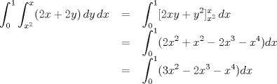 TEX:  $<br />\begin{tabular}{rcl}<br />$\displaystyle \int_0^1 \int_{x^2}^x (2x+2y)\,dy\,dx$ & = & $\displaystyle \int_0^1 [2xy+y^2]_{x^2}^x \,dx$ \\<br /> & = & $\displaystyle \int_0^1 (2x^2 +x^2 -2x^3 -x^4)dx$ \\<br /> & = & $\displaystyle \int_0^1 (3x^2 -2x^3 -x^4)dx$ \\ <br />\end{tabular} <br />$  				