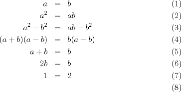 TEX: \begin{eqnarray}<br />a &=& b \hfill \\<br />a^2 &=& ab \hfill \\<br />a^2 - b^2 &=& ab - b^2 \hfill \\<br />(a + b)(a - b) &=& b(a - b) \hfill \\<br />a + b &=& b \hfill \\<br />2b &=& b \hfill \\<br />1 &=& 2 \hfill \\<br />\end{eqnarray}<br />