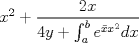 TEX: $x^2+\dfrac{2x}{4y+ \int_a^b e^{\bar{x}x^2}dx}$