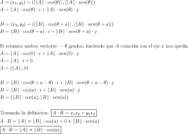 TEX: \[<br />\begin{gathered}<br />  A = (x_1 ,y_1 ) = \left( {\left[ {\left\| A \right\| \cdot \cos (\theta )} \right],\left[ {\left\| A \right\| \cdot sen(\theta )} \right]} \right) \hfill \\<br />  A = \left\| A \right\| \cdot \cos (\theta ) \cdot i + \left\| A \right\| \cdot sen(\theta ) \cdot j \hfill \\<br />   \hfill \\<br />  B = (x_2 ,y_2 ) = \left( {\left[ {\left\| B \right\| \cdot \cos (\theta  + a)} \right],\left[ {\left\| B \right\| \cdot sen(\theta  + a)} \right]} \right) \hfill \\<br />  B = \left\| B \right\| \cdot \cos (\theta  + a) \cdot i + \left\| B \right\| \cdot sen(\theta  + a) \cdot j \hfill \\<br />   \hfill \\<br />  {\text{Si rotamos ambos vectores }} - \theta {\text{ grados, haciendo que }}A{\text{ coincida con el eje }}x{\text{ nos queda:}} \hfill \\<br />  A = \left\| A \right\| \cdot \cos (0) \cdot i + \left\| A \right\| \cdot sen(0) \cdot j \hfill \\<br />  A = \left\| A \right\| \cdot i + 0 \hfill \\<br />  A = \left( {\left\| A \right\|,0} \right) \hfill \\<br />   \hfill \\<br />  B = \left\| B \right\| \cdot \cos (\theta  + a - \theta ) \cdot i + \left\| B \right\| \cdot sen(\theta  + a - \theta ) \cdot j \hfill \\<br />  B = \left\| B \right\| \cdot \cos (a) \cdot i + \left\| B \right\| \cdot sen(a) \cdot j \hfill \\<br />  B = \left( {\left\| B \right\| \cdot \cos (a),\left\| B \right\| \cdot sen(a)} \right) \hfill \\<br />   \hfill \\<br />  {\text{Tomando la definicion: }}\boxed{A \cdot B = x_1 x_2  + y_1 x_2 } \hfill \\<br />  A \cdot B = \left\| A \right\| \times \left\| B \right\| \cdot \cos (a) + 0 \times \left\| B \right\| \cdot sen(a) \hfill \\<br />  \boxed{A \cdot B = \left\| A \right\| \times \left\| B \right\| \cdot \cos (a)} \hfill \\ <br />\end{gathered} <br />\]