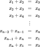 TEX: \begin{eqnarray*}<br />x_1+x_2 & = & x_3 \\<br />x_2+x_3 & = & x_4 \\<br />x_3+x_4 & = & x_5 \\<br /> & \vdots & \\<br />x_{n-2}+x_{n-1} & = & x_n \\<br />x_{n-1}+x_n & = & x_1 \\<br />x_n+x_1 & = & x_2<br />\end{eqnarray*}